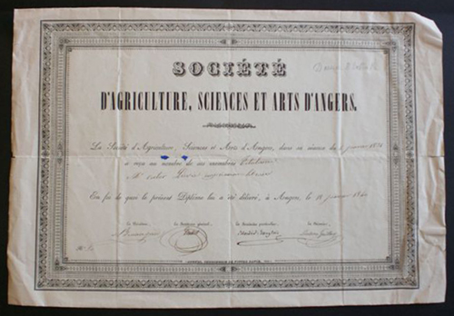 Diplôme de Victor Pavie (Membre de la SASAA) 1840